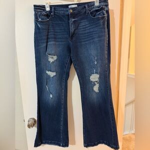 Dark Blue Distressed Women's Flare Trouser Jeans